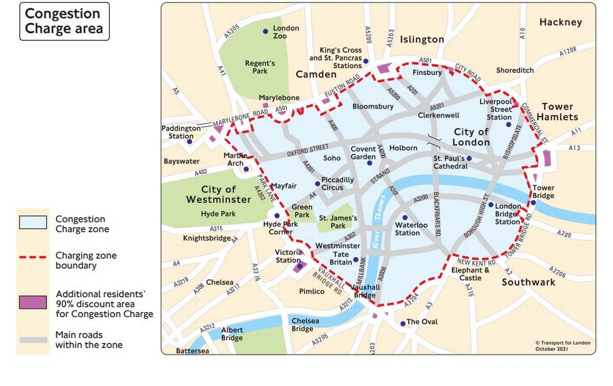 Map showing the London Congestion Charge boundary, the main roads within the zone and areas where residents get an extra discount 