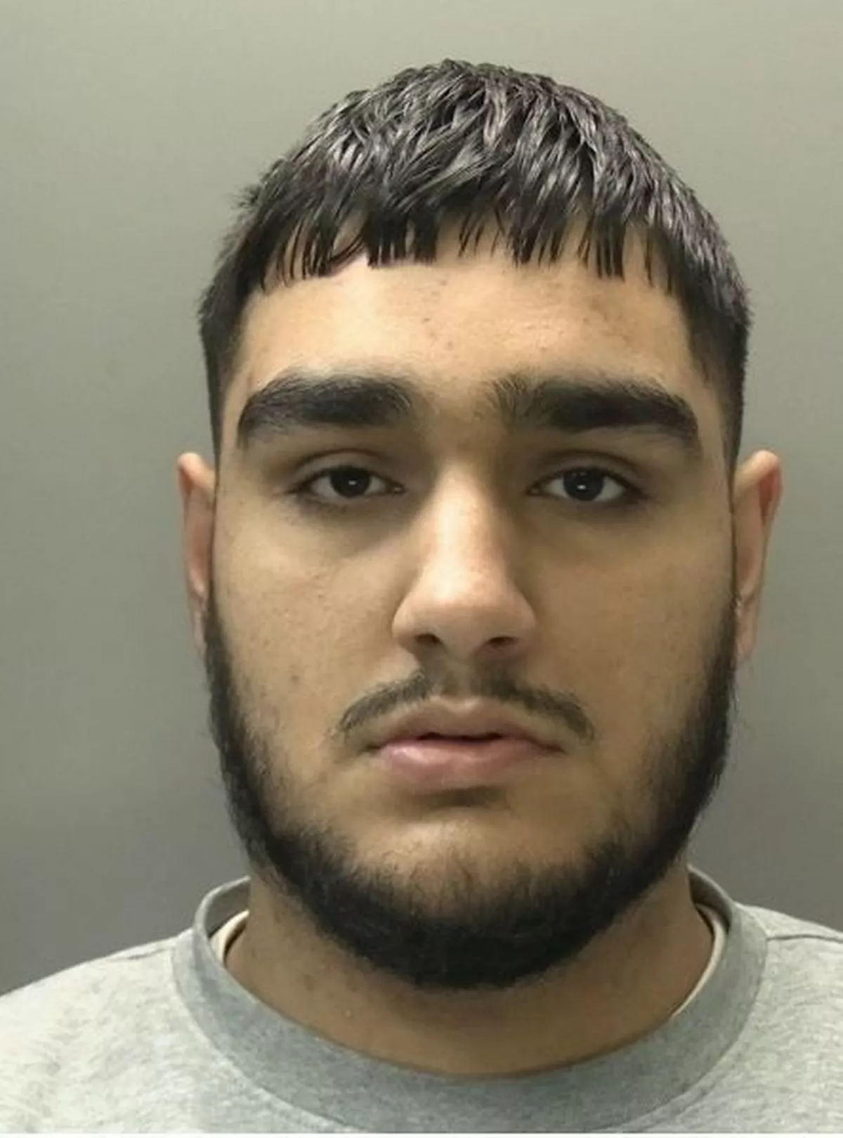 Mugshot of an Asian man in his 20s. He has dark hair and a beard and is wearing a grey sweatshirt.