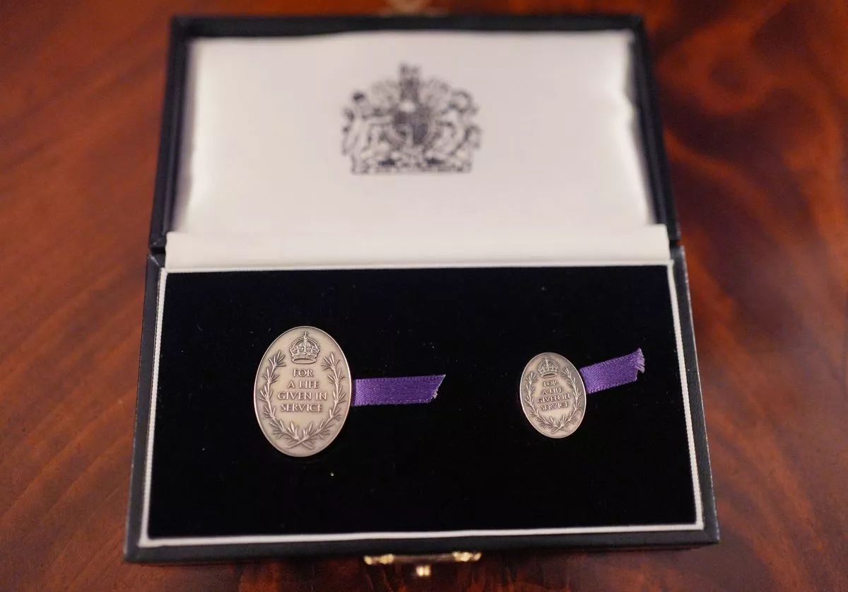 A picture of an Elizabeth Emblem inside a quilted royal presentation case