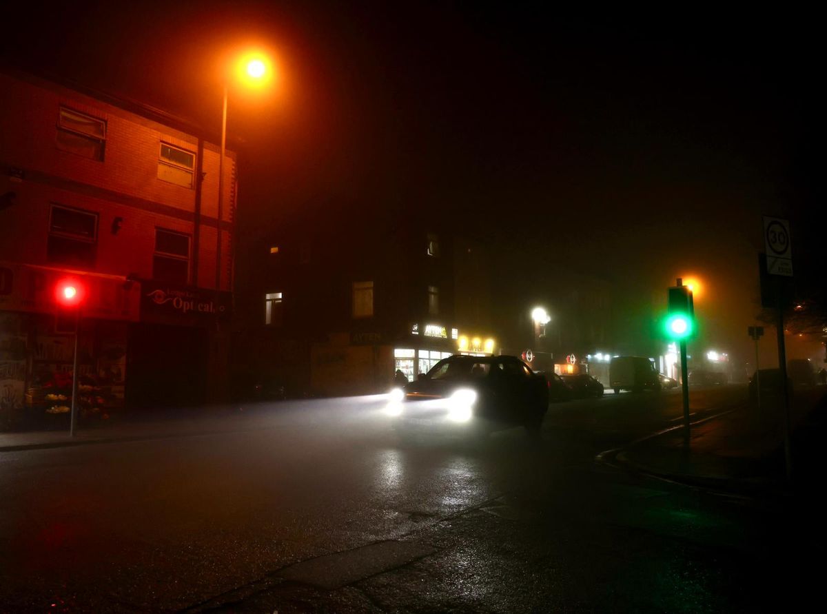 Lodge Lane shrouded in fog this evening