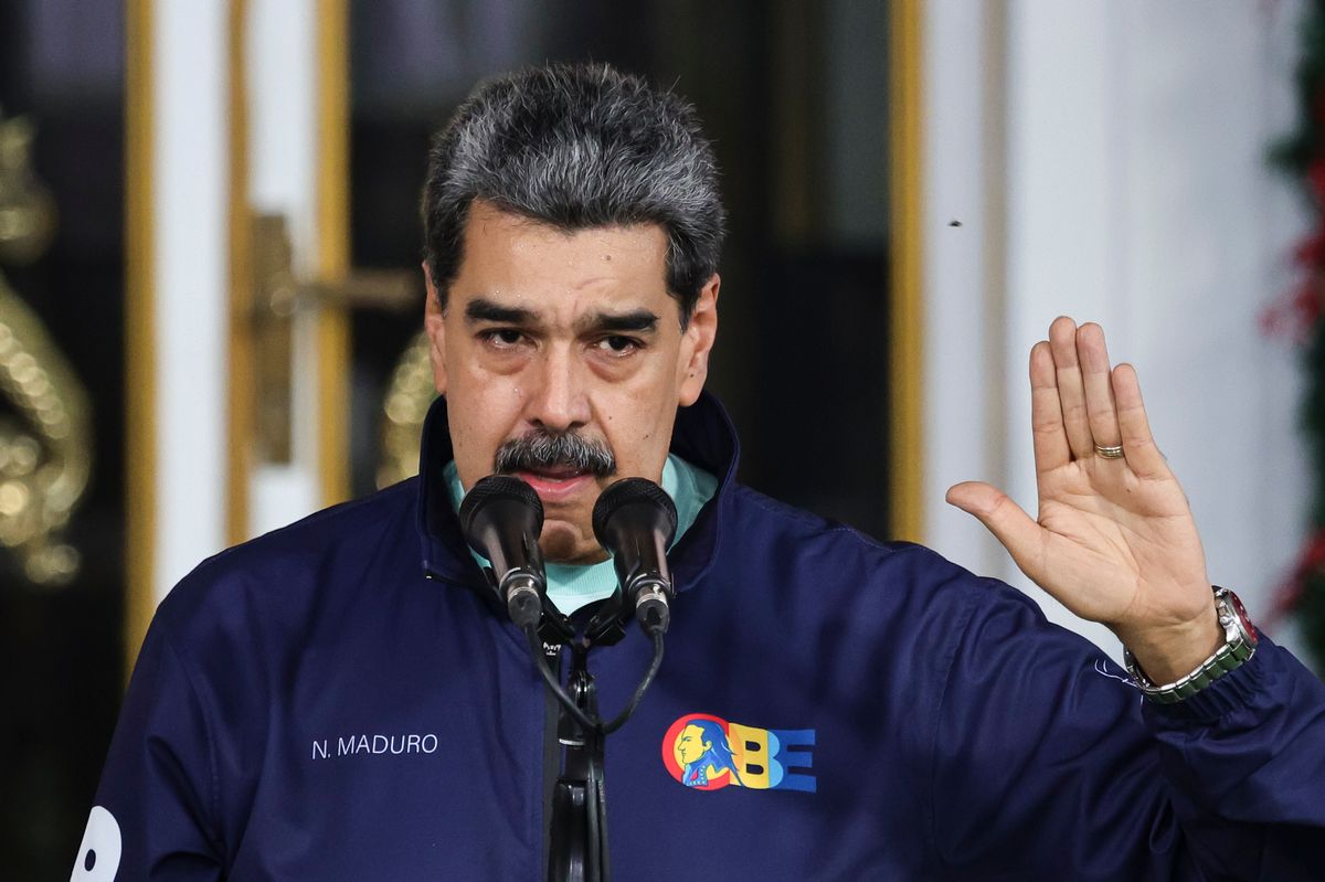 CARACAS, VENEZUELA - NOVEMBER 21: President of Venezuela Nicolás Maduro speaks during a march as part of the "Venezuelan Student Day" at Miraflores on November 21, 2025 in Caracas, Venezuela. (Photo by Jesus Vargas/Getty Images)