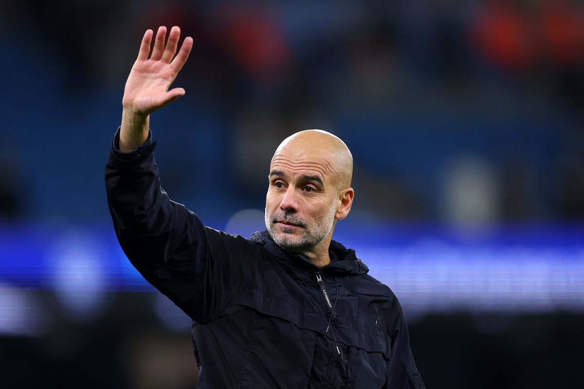Pep Guardiola, Manager of Manchester City, waves to the fans after victory in the Premier League match between Manchester City and West Ham United at Etihad Stadium on December 20, 2025 in Manchester, England