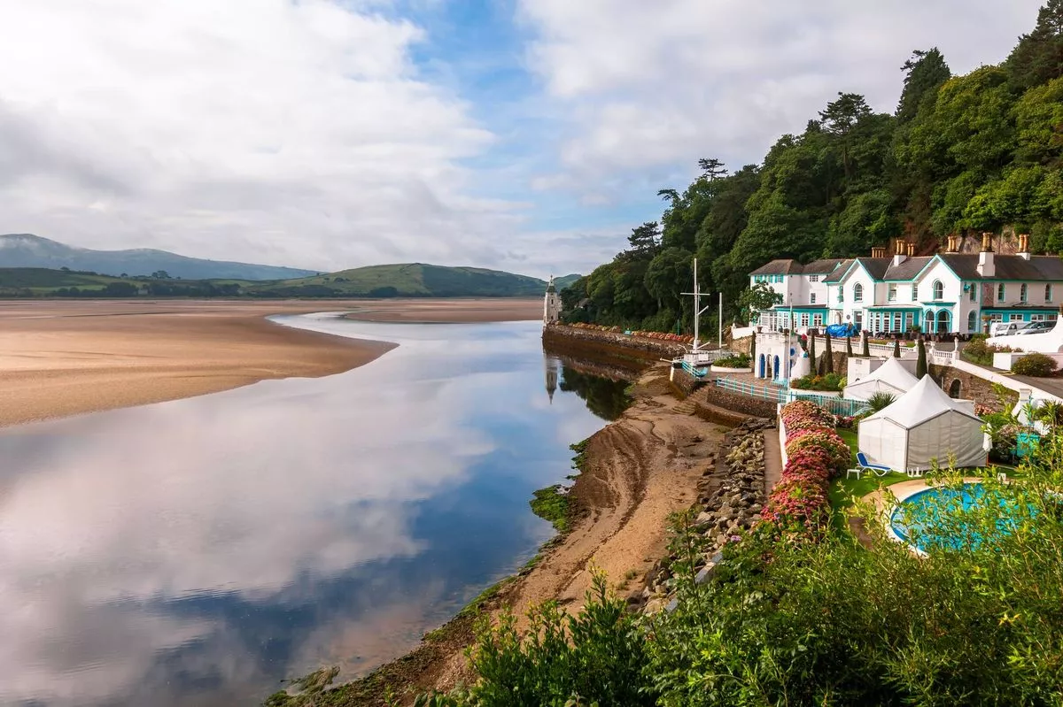 The fringes of the village of Portmeirion, looking over the water