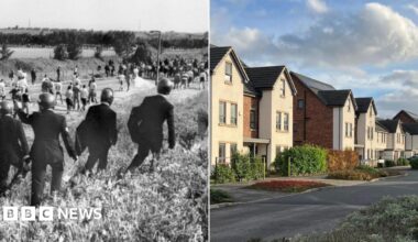 A composite image. On the left is a black and white photo of police officers running across a field with batons and shield. On the right is a street of uniform, three-floor brick and white houses with driveways.