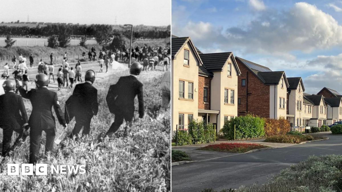A composite image. On the left is a black and white photo of police officers running across a field with batons and shield. On the right is a street of uniform, three-floor brick and white houses with driveways.