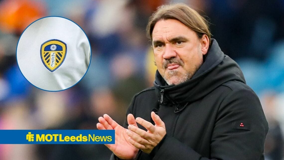 Daniel Farke looking in the direction of the Leeds United badge.