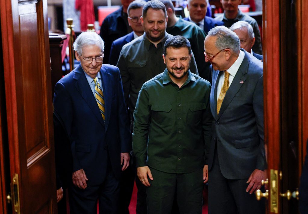 Photo: Ukrainian President Volodymyr Zelenskyy is escorted by US Senate Minority Leader Mitch McConnell (R-KY) and Senate Majority Leader Chuck Schumer (D-NY) as he departs after a meeting with all members of the Senate on a visit to the US Congress and Capitol in Washington, September 21, 2023. Credit: REUTERS/Evelyn Hockstein
