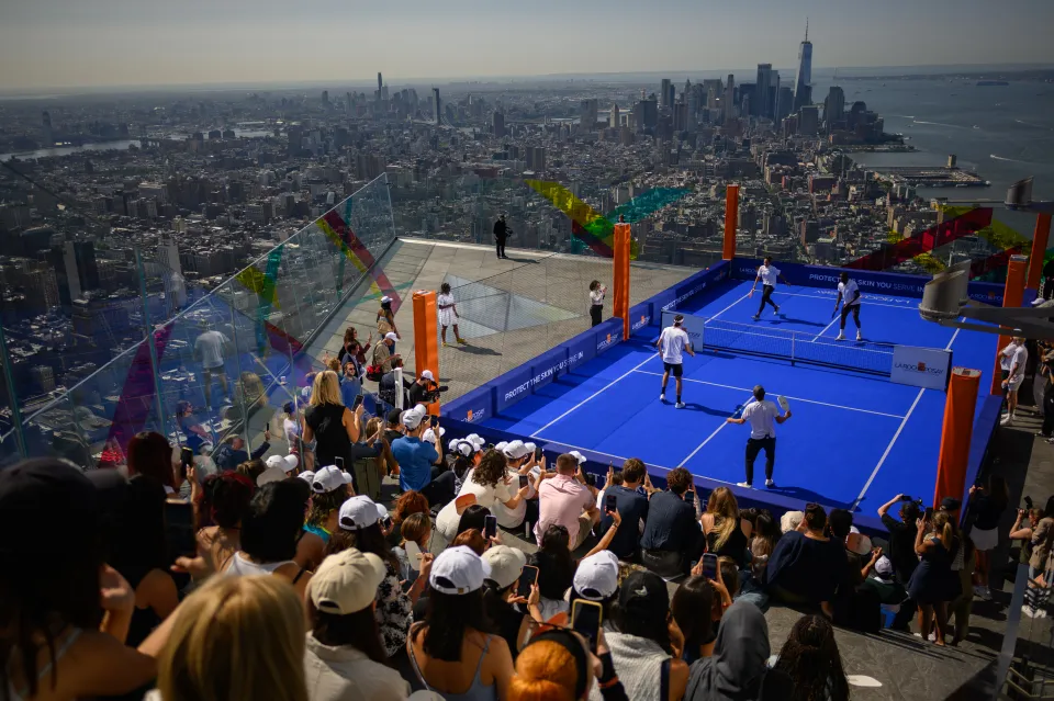 Pro tennis players, Madison Keys, Frances Tiafoe, Taylor Fritz, and Alex de Minaur, play pickleball on the 1,100-foot-tall outdoor observation deck at Edge at Hudson Yards on August 22, 2024