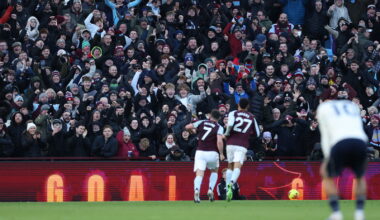 Aston Villa players celebrate a goal