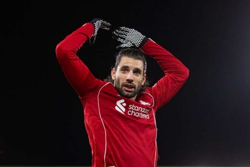 LONDON, ENGLAND - Sunday, January 4, 2026: Liverpool's Dominik Szoboszlai celebrates his side's second goal during the FA Premier League match between Fulham FC and Liverpool FC at Craven Cottage. (Photo by David Rawcliffe/Propaganda)