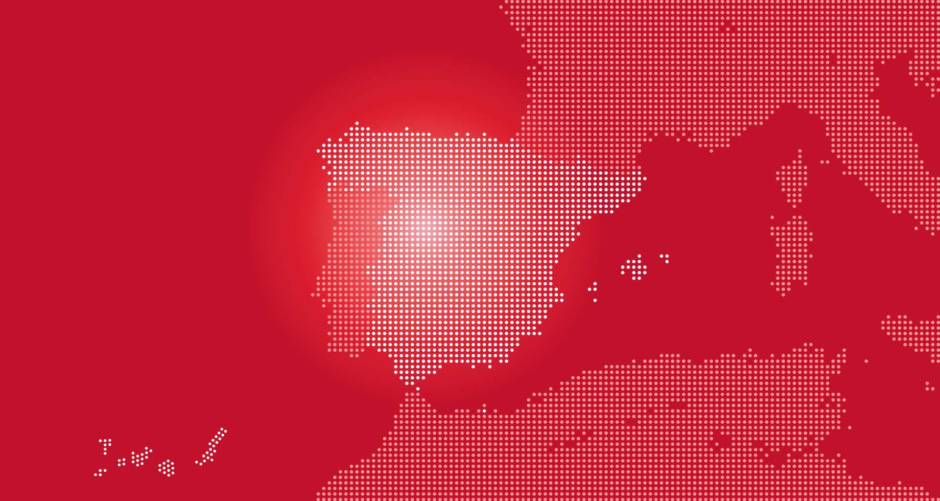 Vector illustration of the map of Spain transformed into dots as part of Europe and the Iberian Peninsula, with the north coast of Africa, on a dark red background.