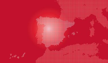 Vector illustration of the map of Spain transformed into dots as part of Europe and the Iberian Peninsula, with the north coast of Africa, on a dark red background.