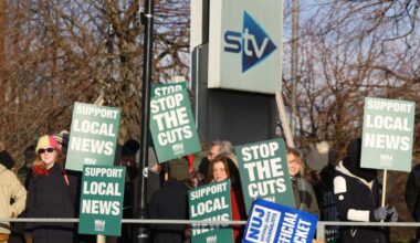 Protesters chant at STV Glasgow offices as staff walk out in protest