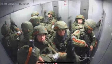 A security camera photo of Russian soldiers stuck in an elevator in Kherson, Ukraine.