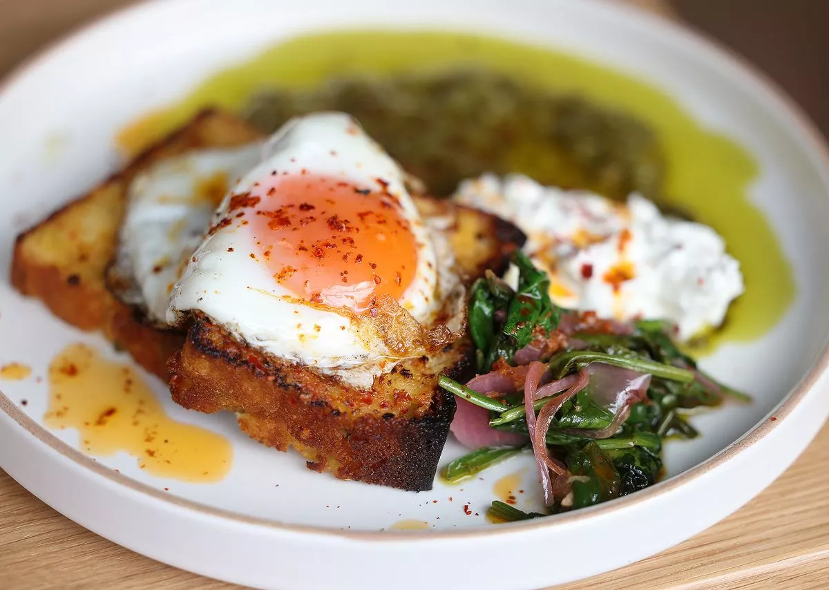 Jalapeno cornbread and fried egg at Caravan restaurant in Manchester 