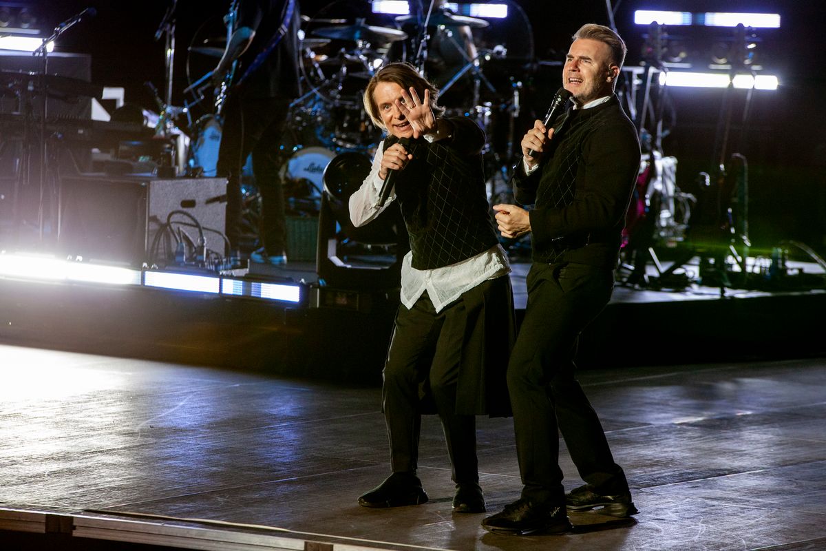 MARBELLA, SPAIN - JULY 14: Gary Barlow and Mark Owen Take That perform on stage at Starlite Autitorium during Starlite Occident 2024 on July 14, 2024 in Marbella, Spain. (Photo by Bianca de Vilar/Redferns)
