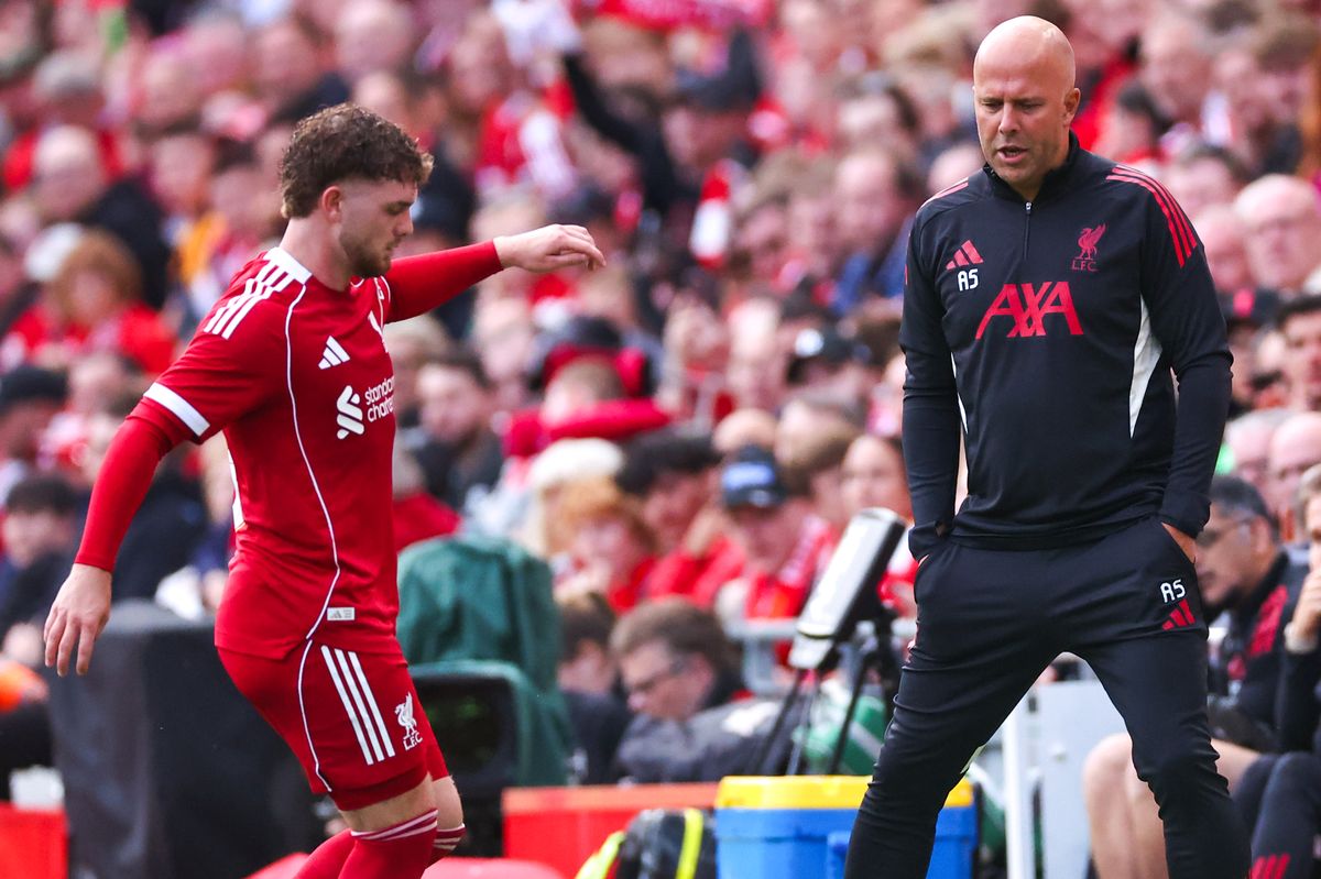 LIVERPOOL, ENGLAND - AUGUST 4: Arne Slot manager / head coach of Liverpool during the pre-season friendly match between Liverpool v Athletic Club Bilbao at Anfield on August 4, 2025 in Liverpool, England. (Photo by Robbie Jay Barratt - AMA/Getty Images)