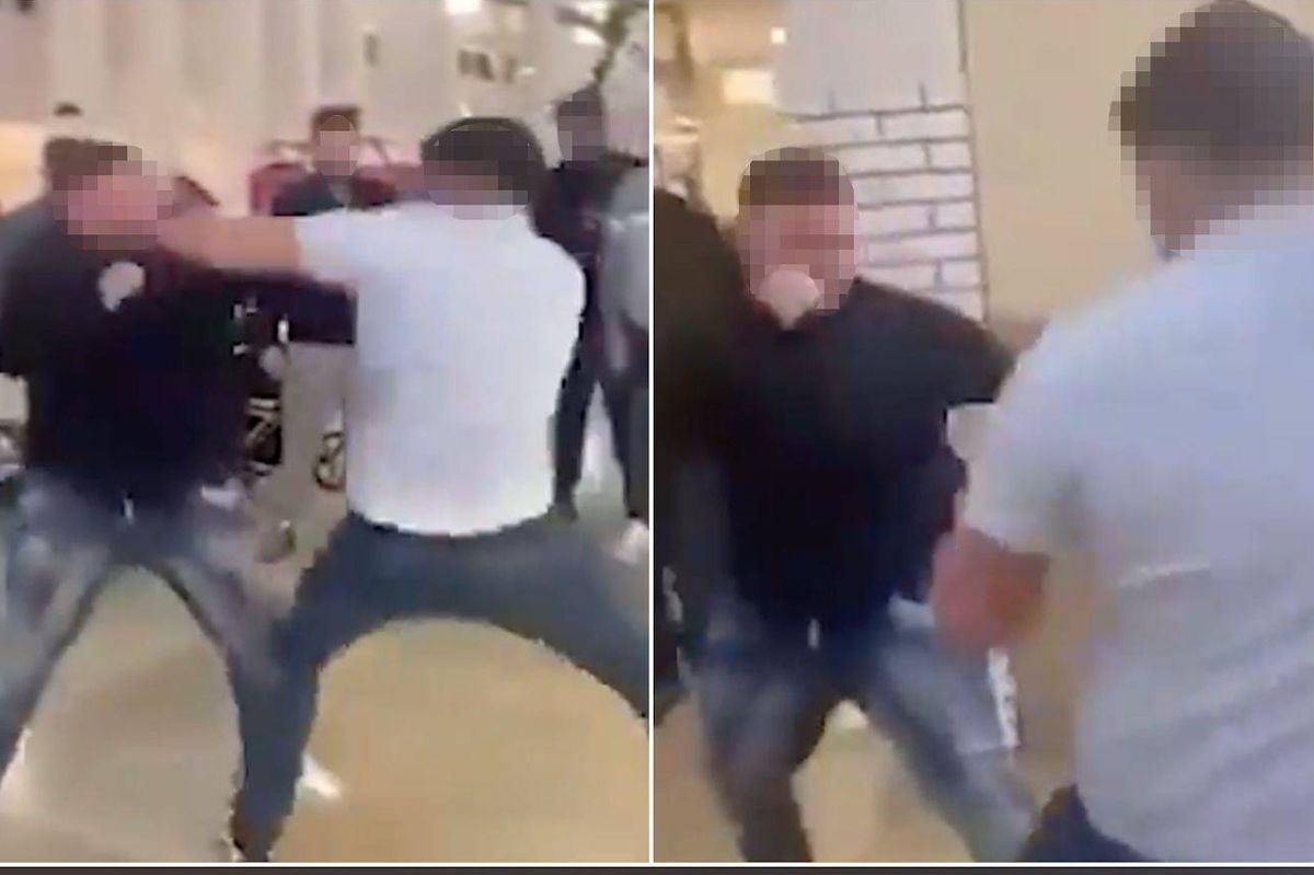 A composite image depicts a confrontation involving multiple individuals in a public setting. The individuals are engaged in a physical altercation, with some in the foreground appearing to exchange blows, while others are positioned in the background, seemingly observing or involved to a lesser extent. The environment appears to be an indoor space, possibly a hallway or a public area.