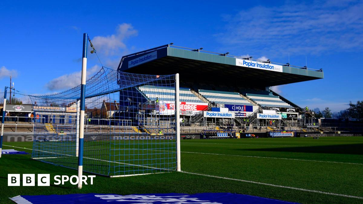 A general view inside the Memorial Stadium from behind a goal looking across the pitch towards a stand