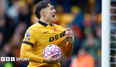 Wolves forward Jorgen Strand Larsen celebrates scoring in the Premier League