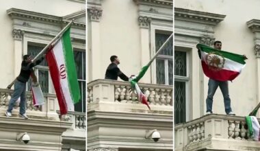Protester replaces Islamic Republic flag with shah-era banner at Iran's London embassy