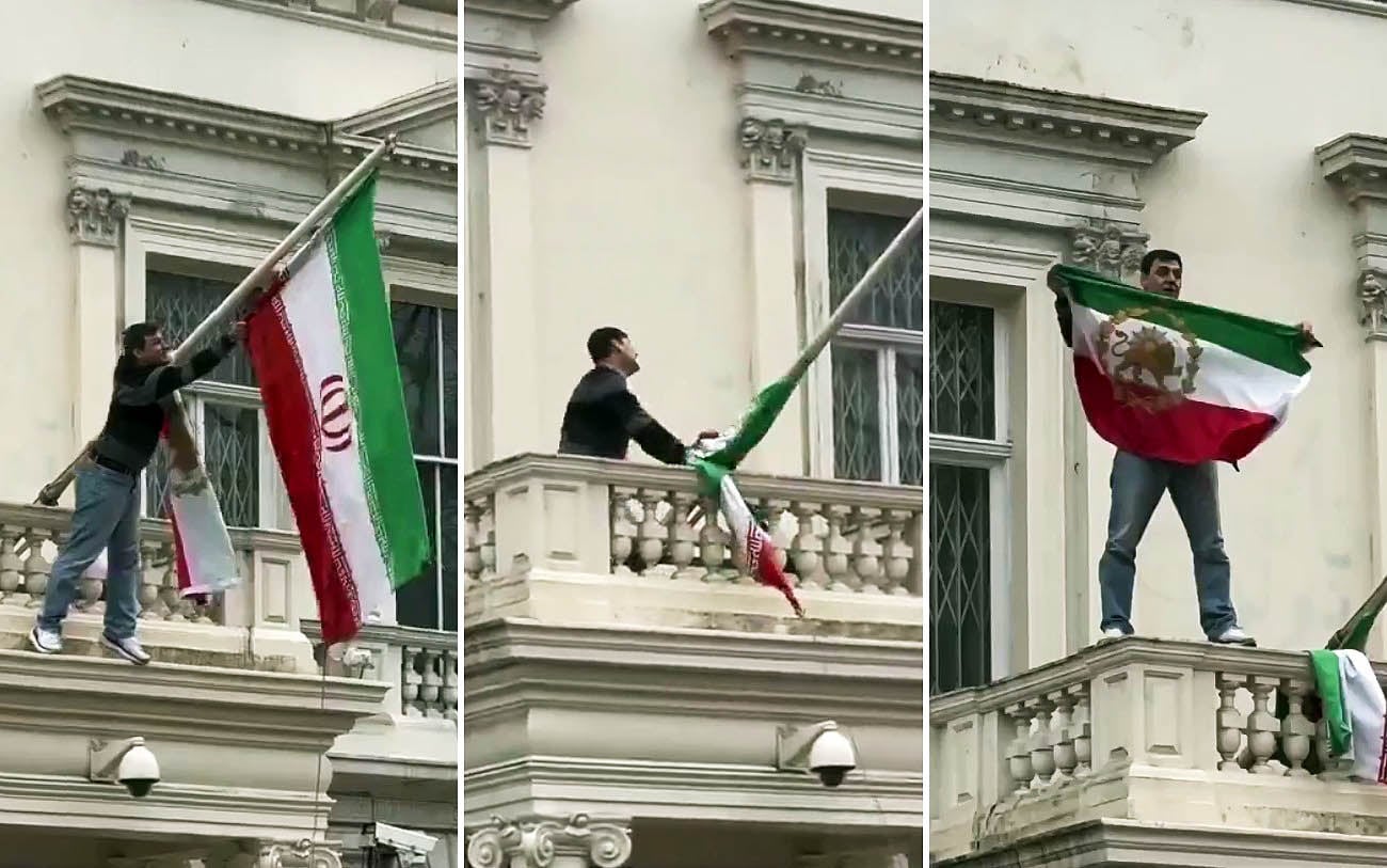 Protester replaces Islamic Republic flag with shah-era banner at Iran's London embassy