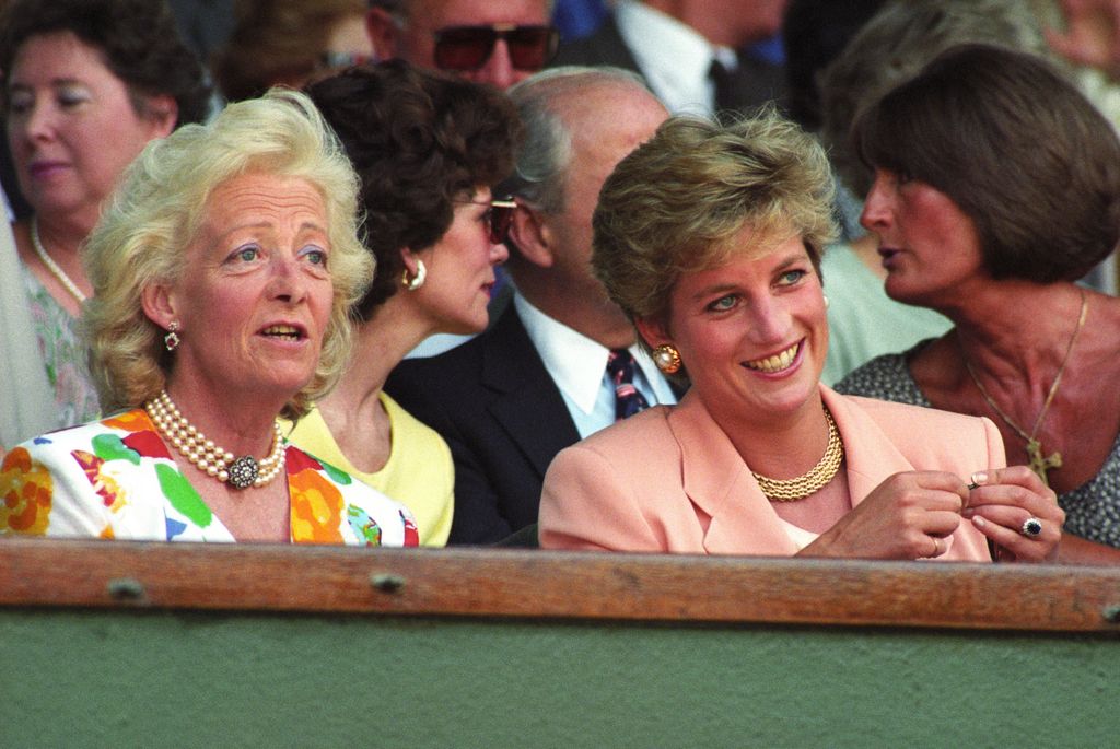 Princess Diana smiling at Wimbledon Tennis Championships with her mother Frances Shand Kydd in 1993