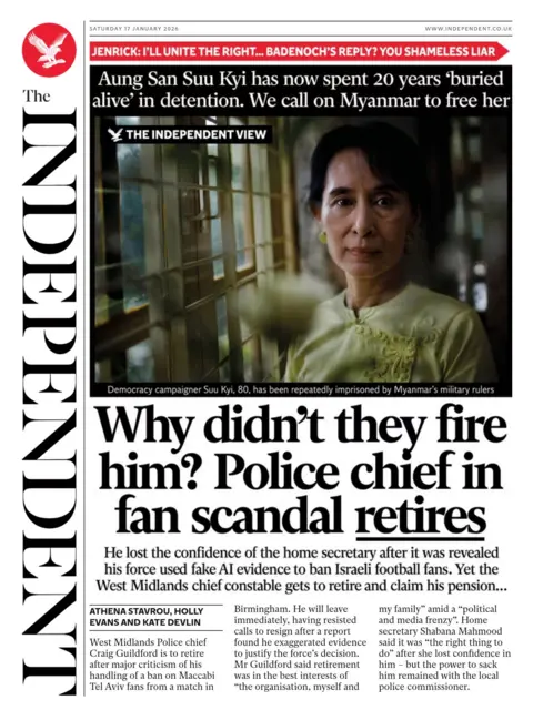 "Why didn't they fire him? Police chief in fan scandal retires" reads the headline on the front page of the Independent.
