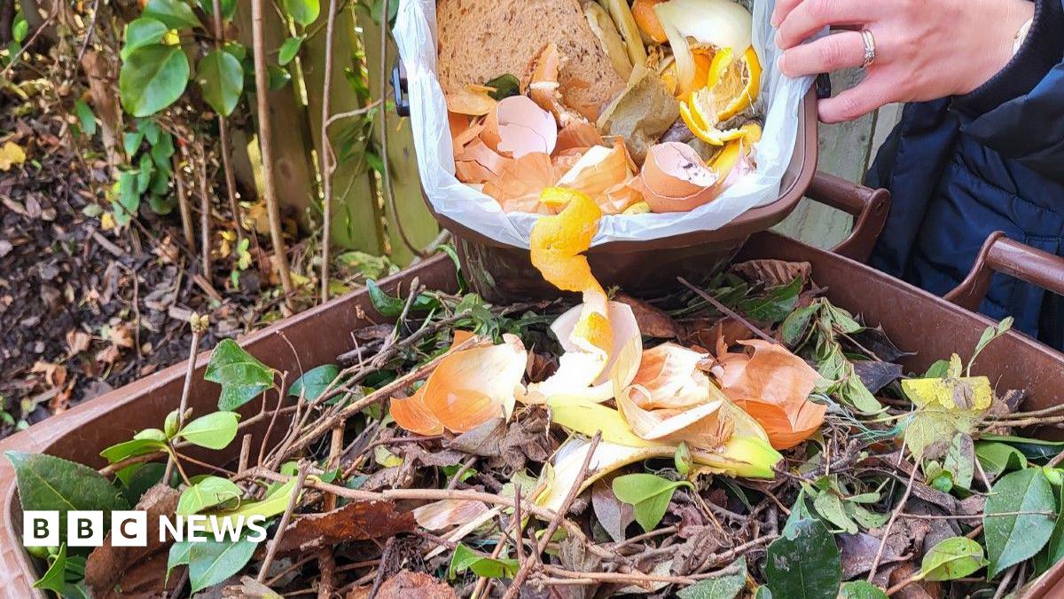 Someone scrapes some food waste into a wheelie bin full of garden waste.
