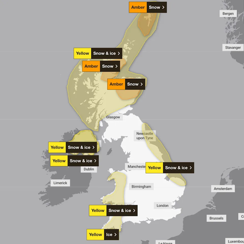 Saturday sees amber alerts for snow remain in place for northern Scotland, along with a yellow warning for snow and ice in Northern Ireland, Wales, Devon and Cornwall and the east coast of England. (Met Office)