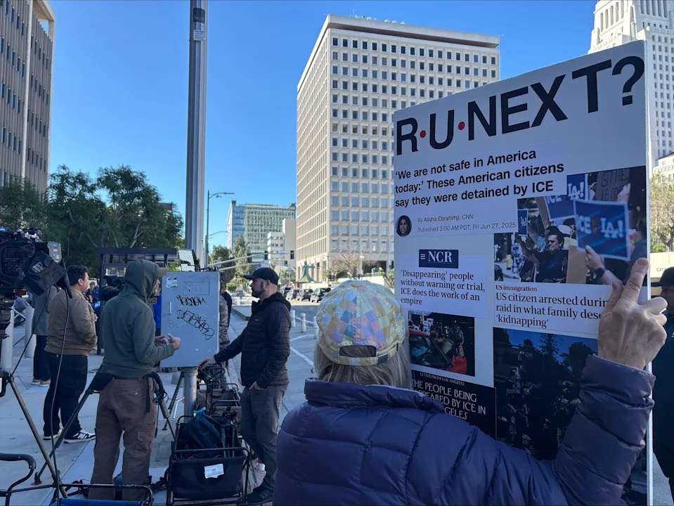 People gathered for a demonstration in Los Angeles on Jan. 8, 2025, following the fatal shooting of Renee Nicole Good in Minneapolis.