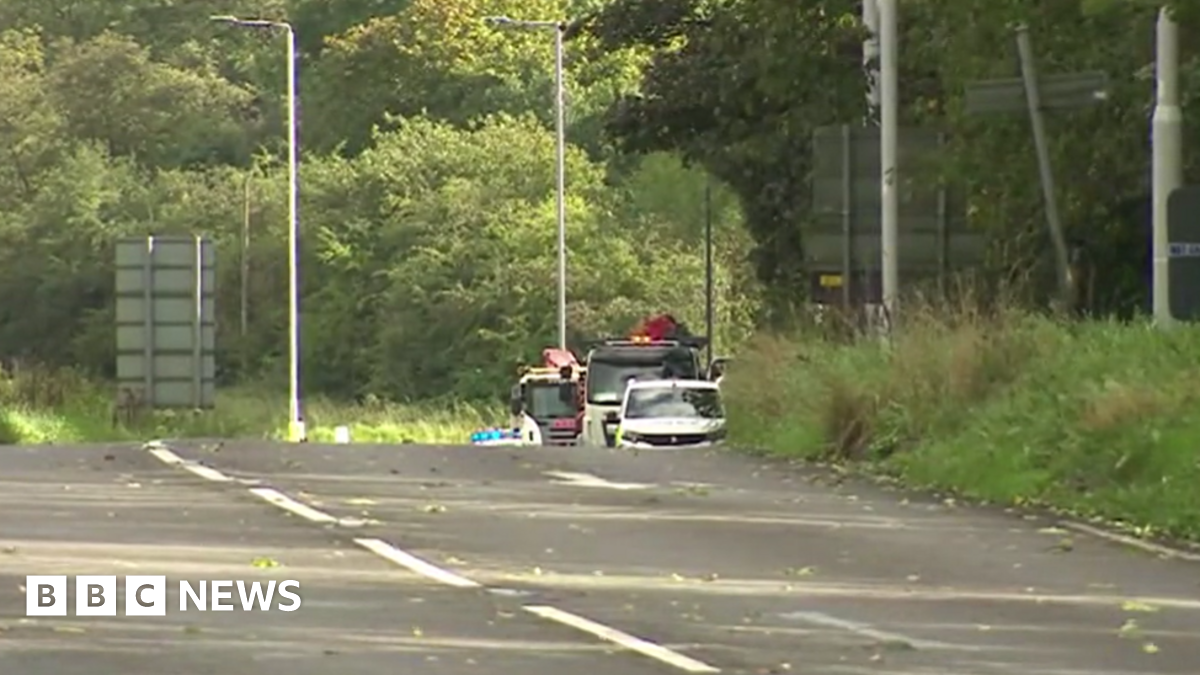 A road with trees either side and the top of some emergency service vehicles at the scene of a crash are just visible.