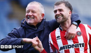 Chris Wilder with his arm round the shoulders of Patrick Bamford