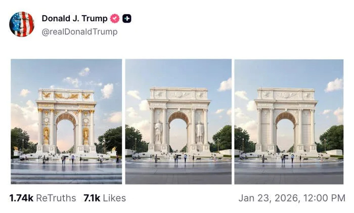 Three side-by-side images show a monument progressively transforming with fewer components. Social media interface showing engagement stats below