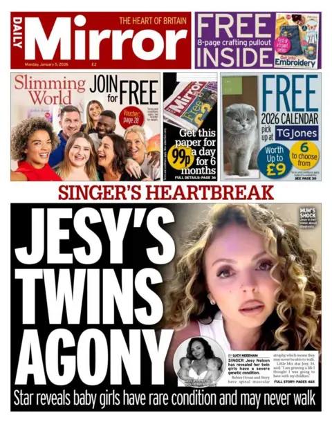 The headline on the front page of the Daily Mirror: "Jesy's Twins Agony."