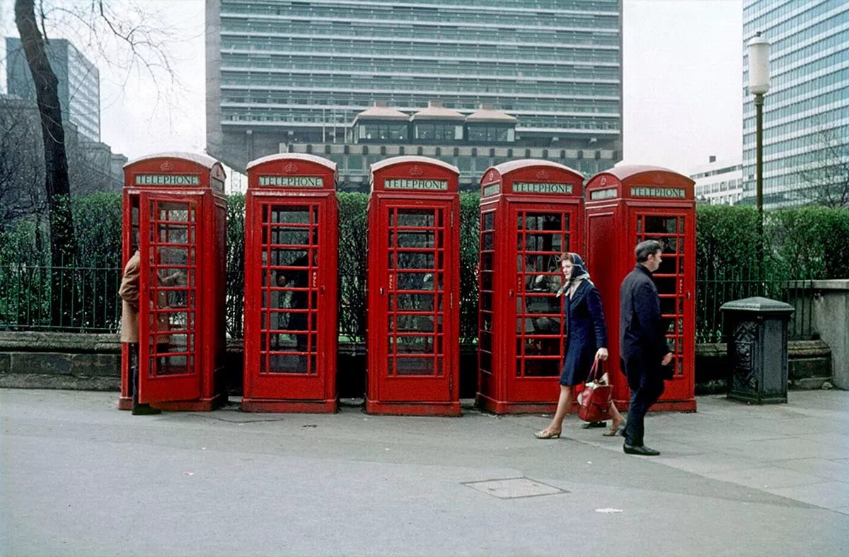 Red telephone boxes at Piccadilly, c. 1969