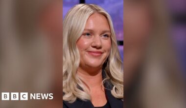 Businesswoman Jenna Meek appearing on Dragons' Den. She has long wavy blonde hair and is wearing a black jacket and top.