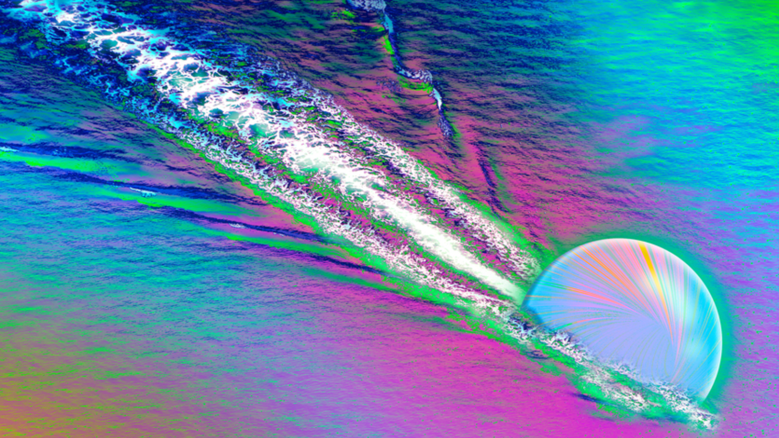 An illustration shows a quark racing through thye primordial soup or quark-gluon plasma that filled the early universe, creating a wave