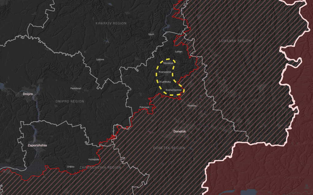 The yellow lines show Ukrainian defense fortifications across Donetsk Region. It includes the so-called “fortress belt” of layered defensive positions. These fortifications have been built over years and now protect central Ukraine from further Russian advances. Map: UNITED24 Media