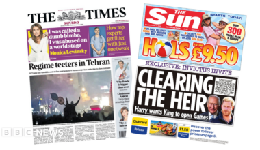 The headline on the front page of the Times reads: “Regime teeters in Tehran”. The headline on the front page of the Sun reads: “Clearing the heir”.