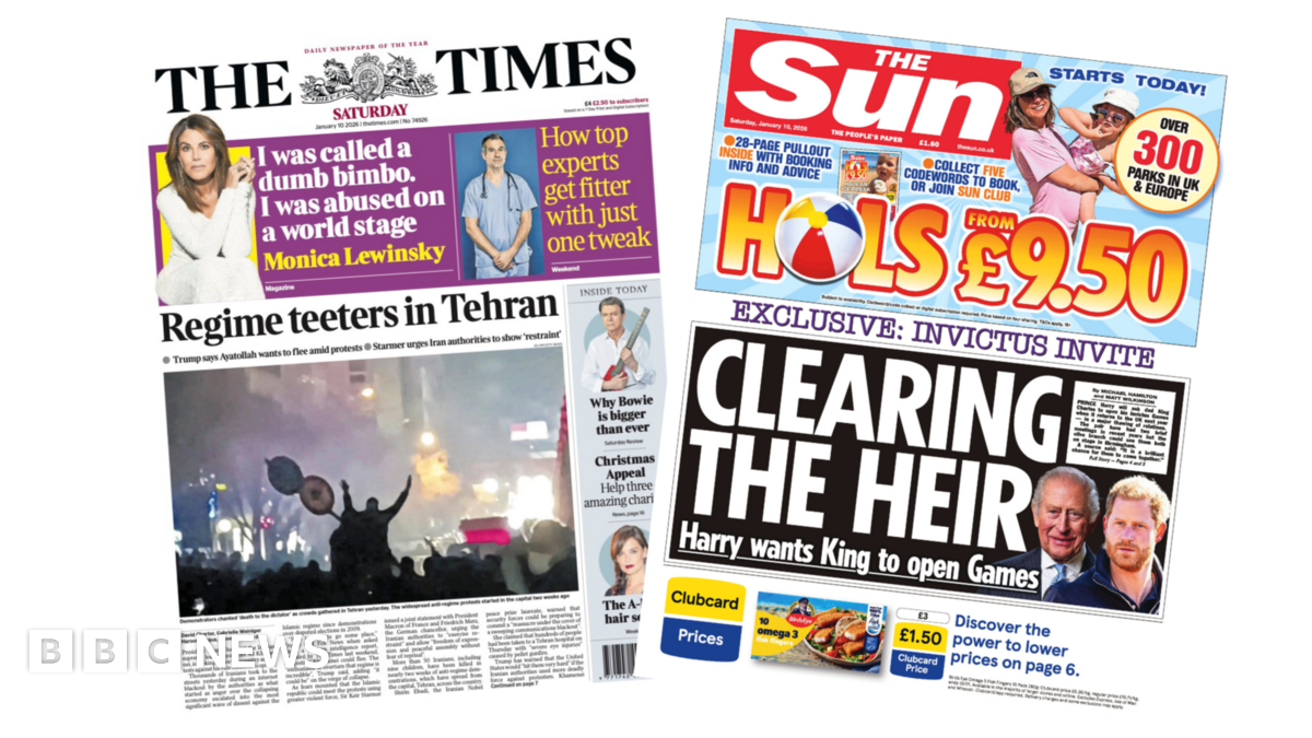 The headline on the front page of the Times reads: “Regime teeters in Tehran”. The headline on the front page of the Sun reads: “Clearing the heir”.
