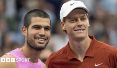 Carlos Alcaraz and Jannik Sinner pose for a photograph before the US Open final in 2025