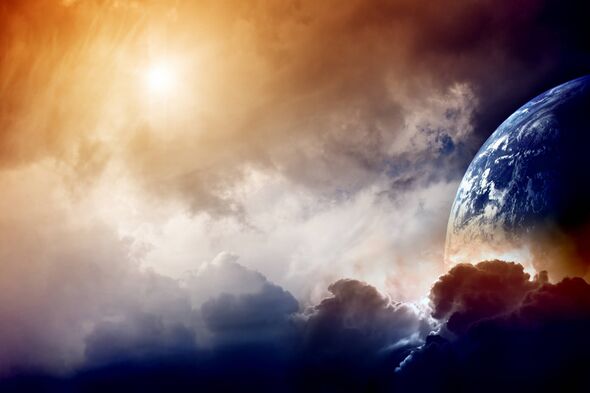 An image depicts a celestial scene with a radiant sun illuminating the sky, surrounded by thick clouds. A planet is visible in t