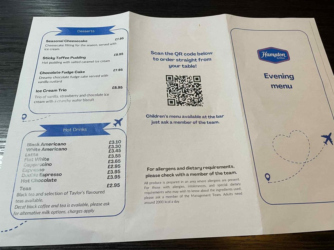 Hampton by Hilton Bristol Airport evening menu