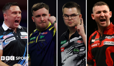 A split graphic of Gerwyn Price (left), Luke Littler (centre left), Gian van Veen (centre right) and Nathan Aspinall (right)