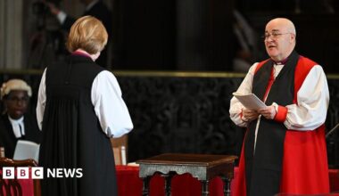Stephen Cottrell, the Archbishop of York addresses Bishop Sarah Mullally during her 'Confirmation of Election' ceremony to legally confirm as the first female Archbishop of Canterbury at St Paul’s Cathedral, on January 28, 2026 in London, England.