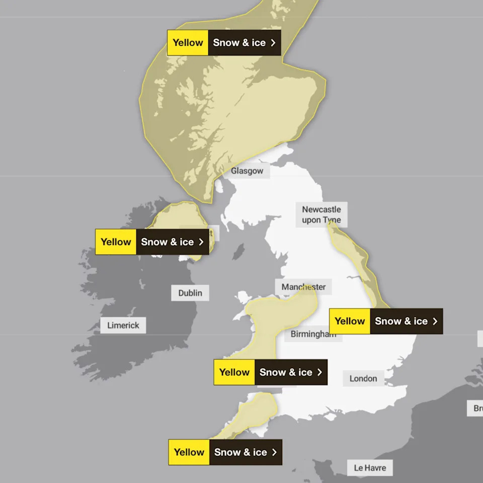 Yellow warning for snow and ice are expected to persist until Monday afternoon. (Met Office)
