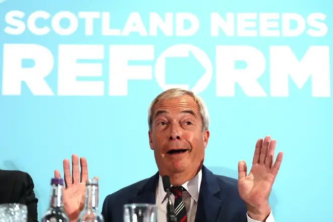 Reform UK party leader Nigel Farage speaks during a press conference today.