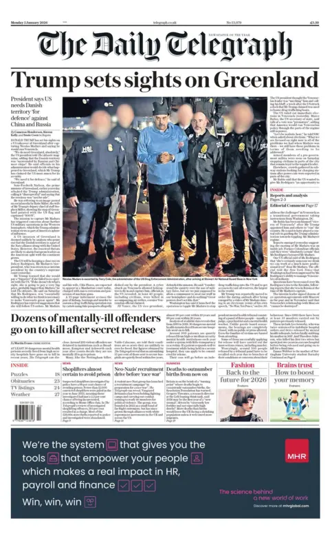 The headline on the front page of the Daily Telegraph reads: "Trump sets sights on Greenland"