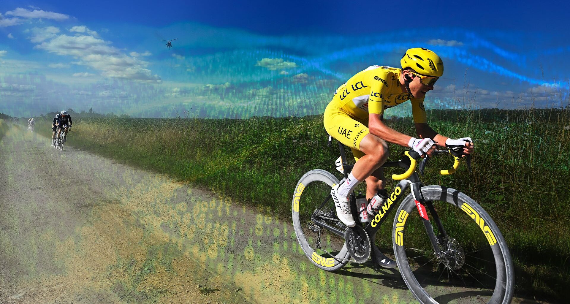 Tadej Pogačar on the attack with a digital overlay